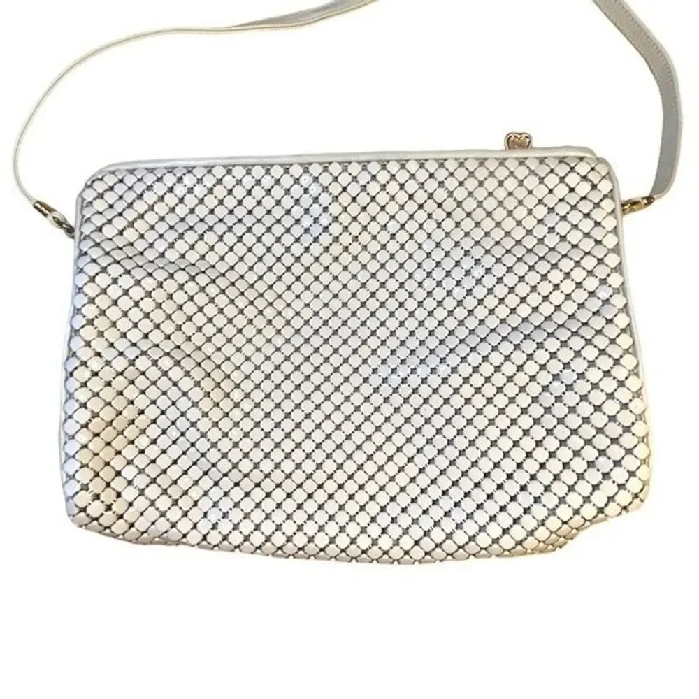 Whiting & Davis Vintage Cream Metal Mesh & Leather Handbag Purse Evening Bag